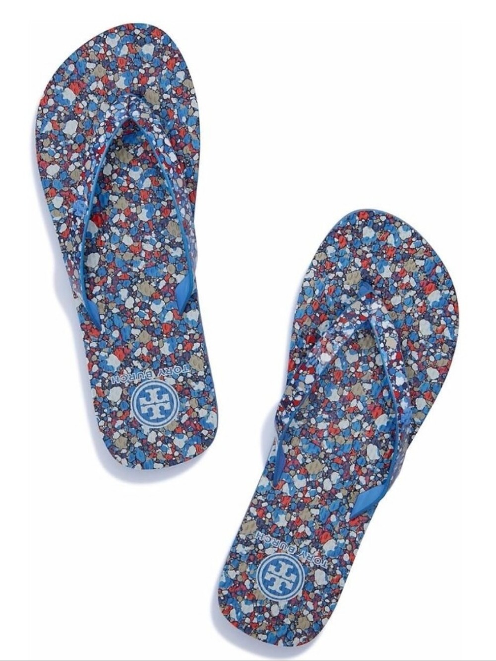 Tory Burch Linosa Festival Flip Flops Size 9 Printed Naplak Red/Blue Combo Beach